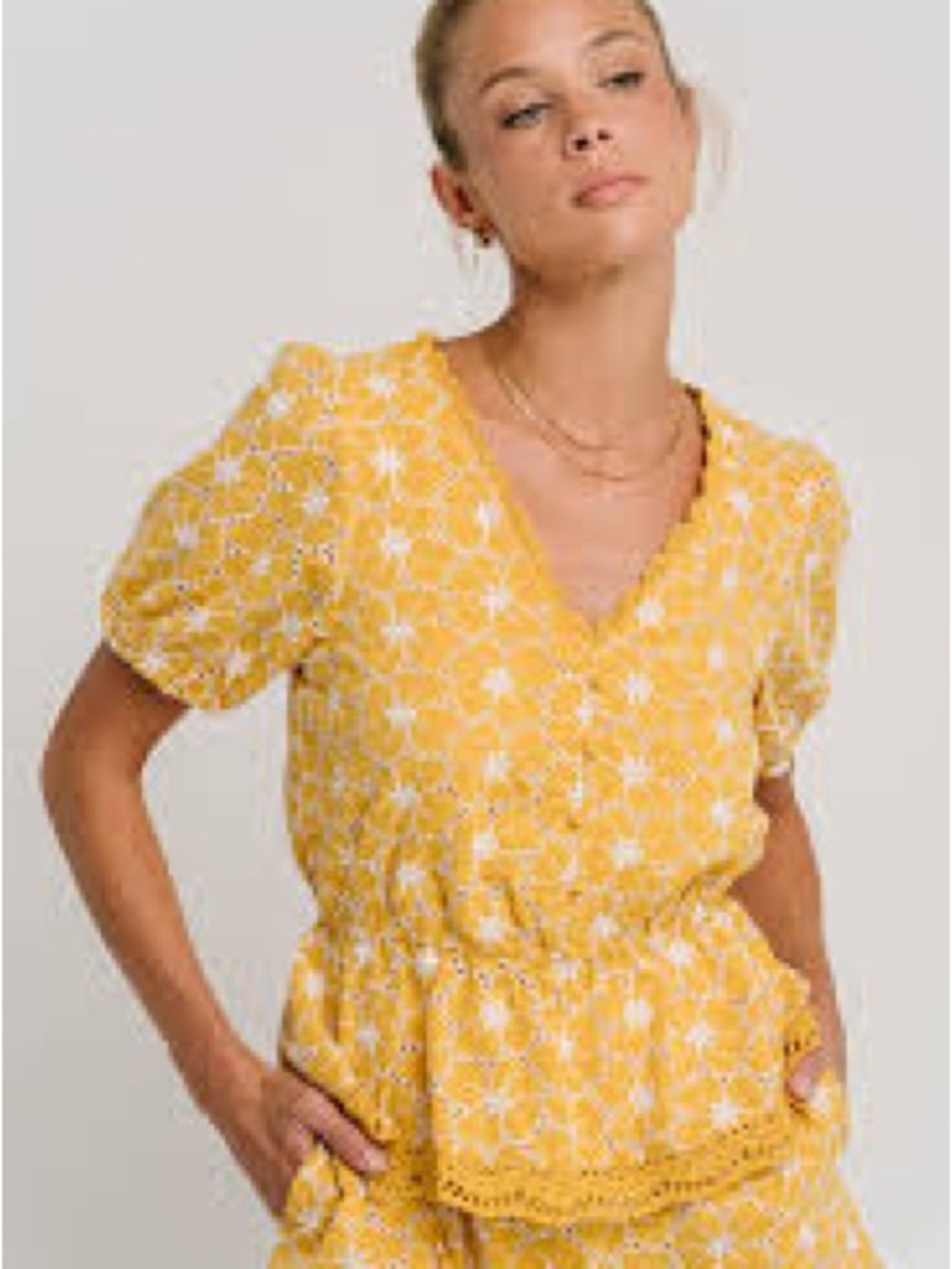 bohme Yellow Eyelet V-Neck Peplum Blouse